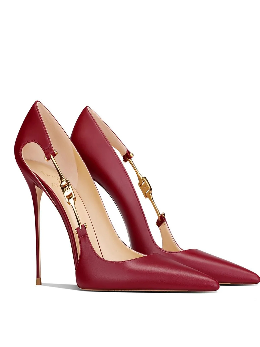 Fine highheeled womens shoes summer pointed scalp hollow metal buckle single large size small banquet work 260208