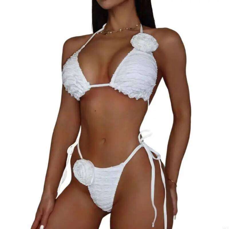 X9FF Women Two Piece Triangular Swimsuit Set Flower Halterneck Thong Swimming Costume C260207