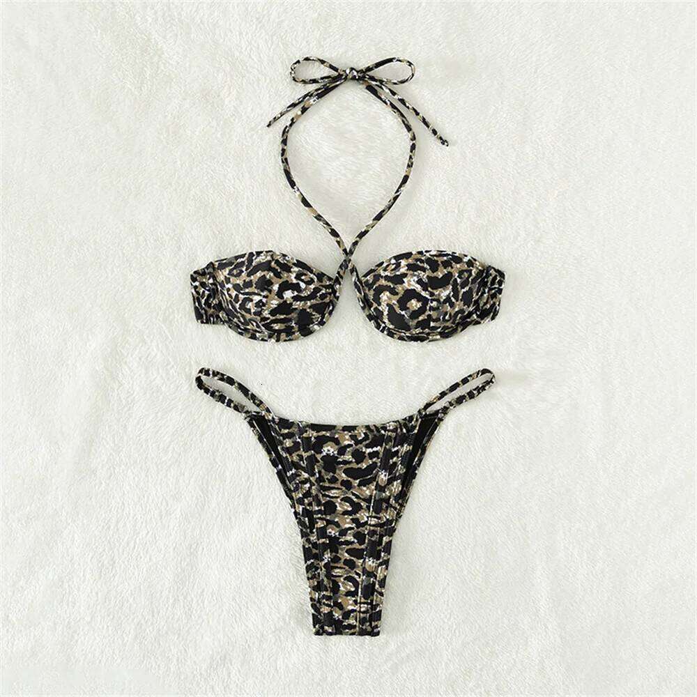 Leopard Print Bikini Push Up Swimsuit Backless Bandage Swimwear Women Micro Bath Suits Vacation Outfit Brazil Beach Tangas Mujer C260207