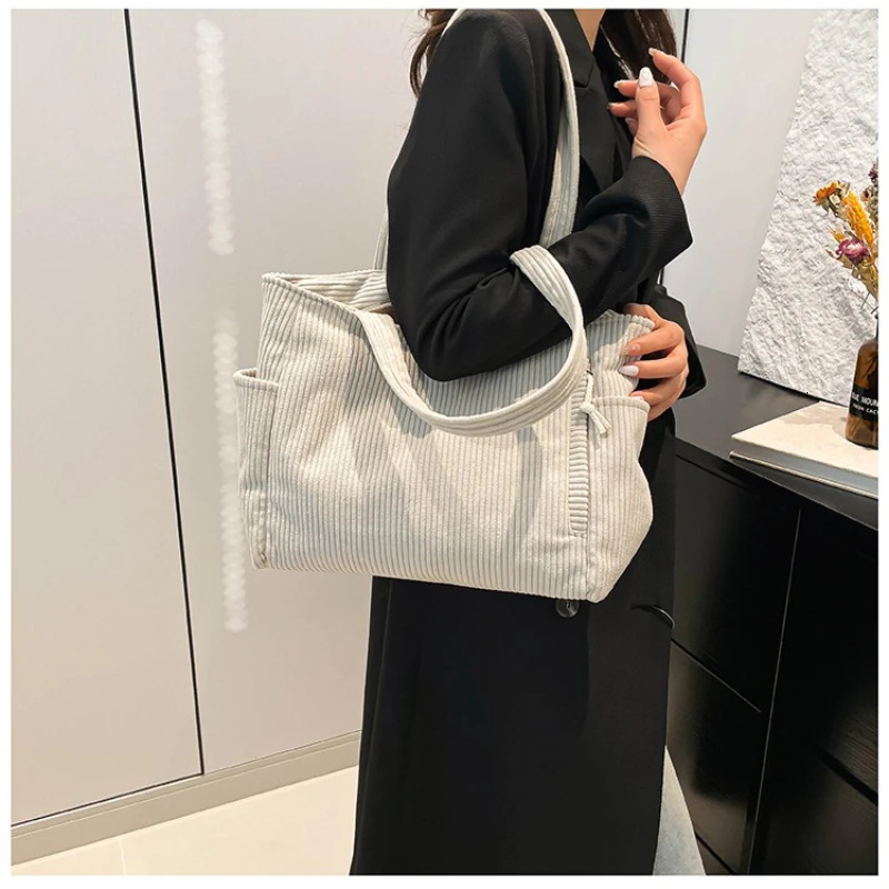 Casual Corduroy Handbag with Zipper Closure Light and Large Capacity Fixed Shoulder Strap Solid Color Daily Handbag260128