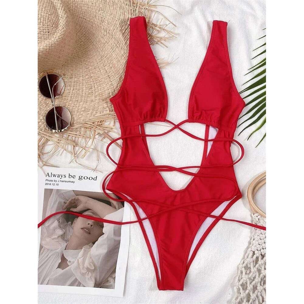 Sexy Red Swimsuit Micro String Bikini Hollow Out Backless Monokini Women One-Piece Vacation Swimwears Bikinis Beach Bathing Suit C260207