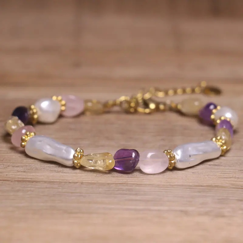Bohemian Pearl Gemstone Bracelet Handmade Amethyst Rose Quartz Citrine Beads Gold Plated Chain Women Dainty Stackable Jewelry 260107