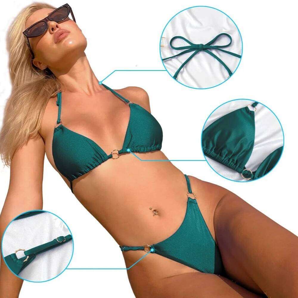 Sexy Bikini Women's 2-piece Backless Camisole Slim Shoulder Strap Solid Color Fashionable Split Triangle Swimsuit C260207
