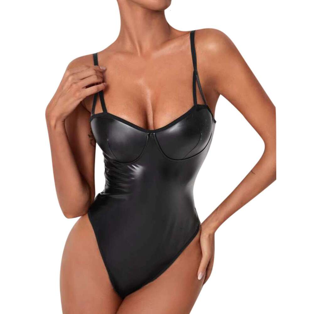 Sexy PU Leather Bodysuit Women High-Gloss Black One-Piece Bodycon Suit with Deep V-Neck & Cross Strap Design for Nightclub, Party & Fashion