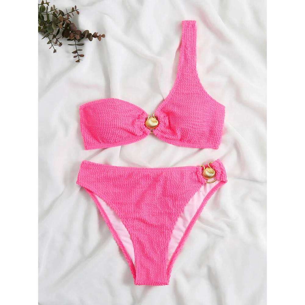 Sexy One Shoulder Shell Bikini High Waist Swimwear 2023 Textured Swimsuit Women Bathing Suits Metal Ring Two-piece Bikinis Set C260207