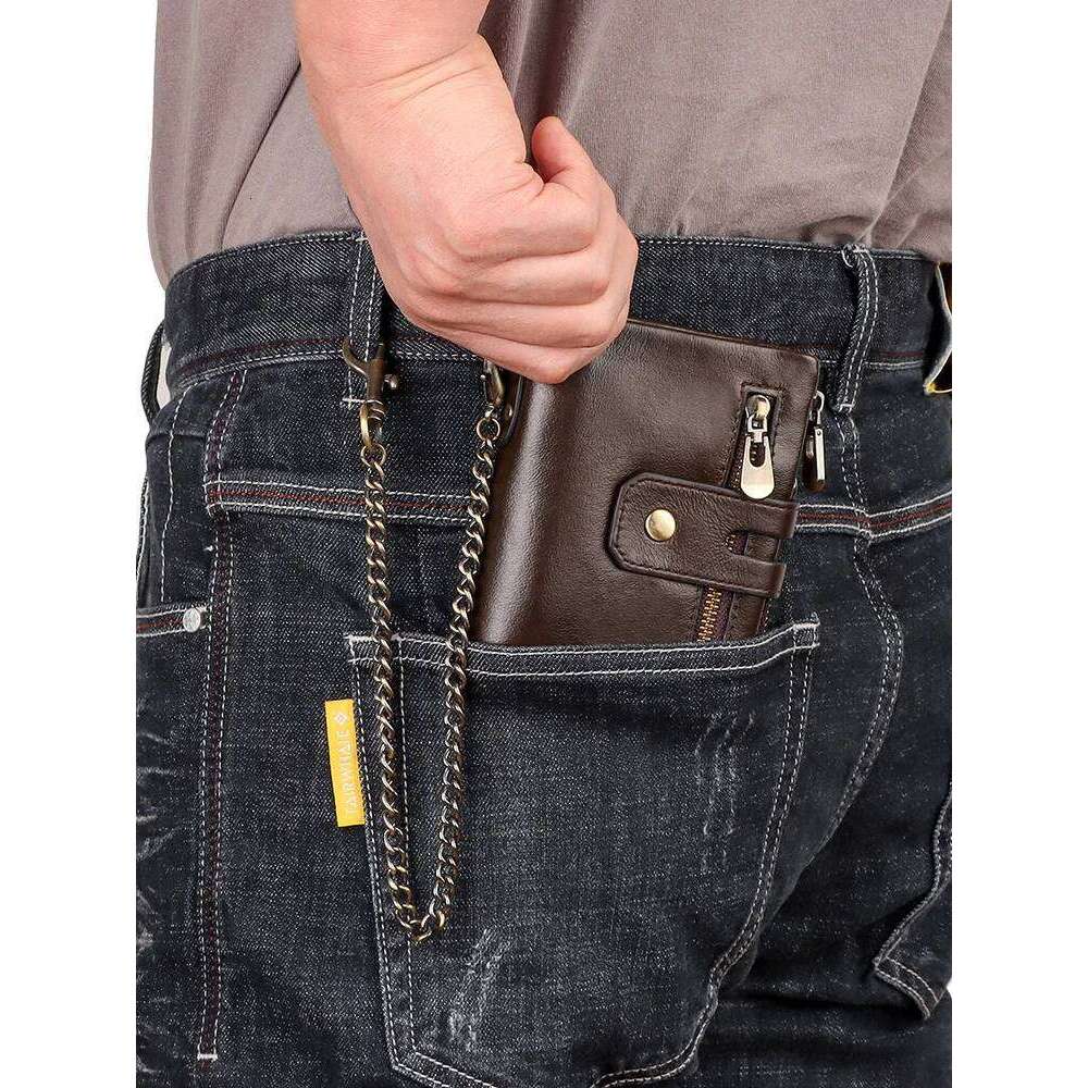 Western RFID Blocking Cowhide Leather Three Floded Chain Men Belt Large Capacity Card Slots Coin Purse for Mens Y260206