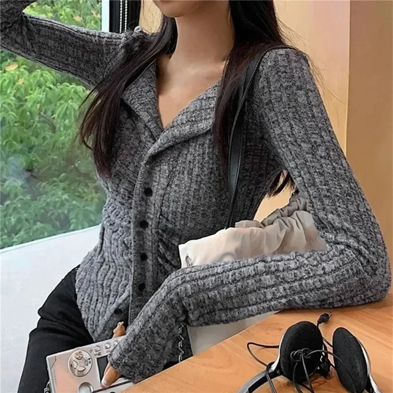 Korean Knit Cardigan Women Y2k Clothes V Lapel Long Sleeve Knitted Jumper Collar Sweater Coat Vintage Slim Cardigan 260122