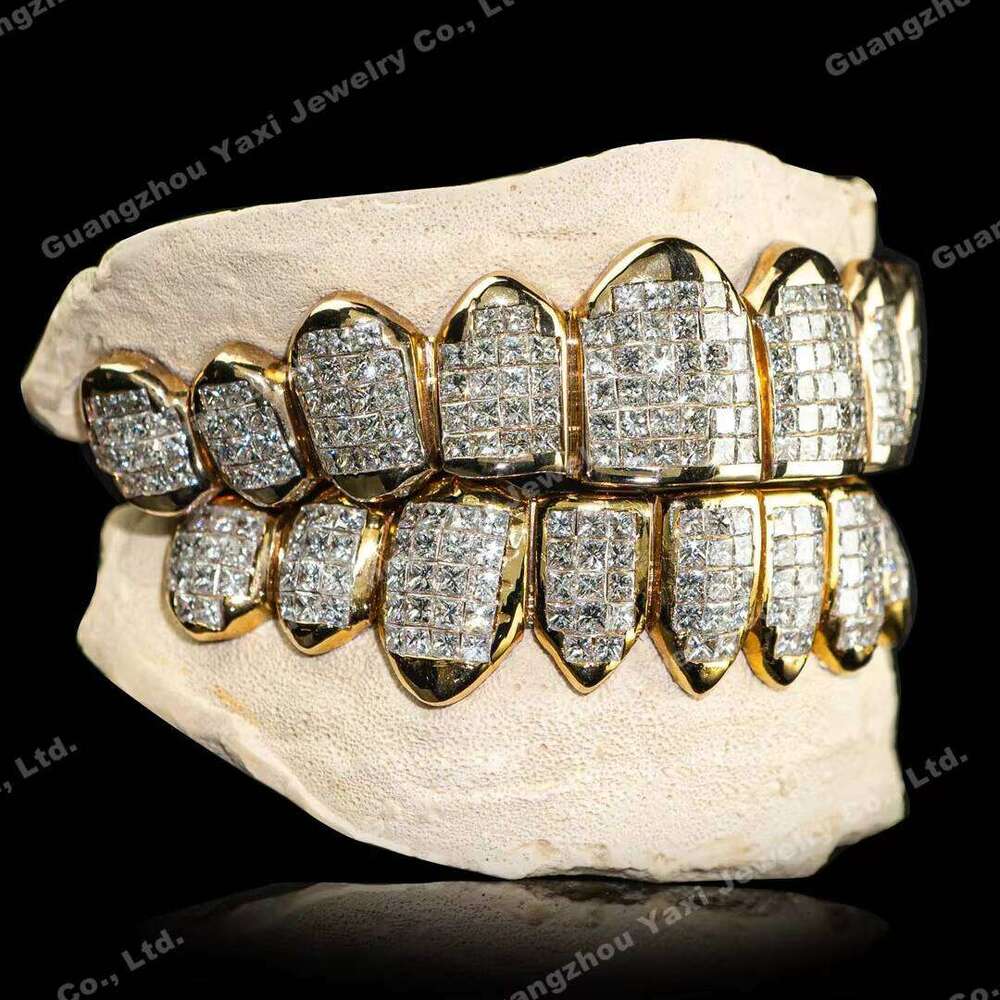 Custom Top Bottom 10 S925 Silver 10K 14K Solid Gold Princess Cut Moissanite Lab Grown Diamond Invisible Setting Teeth Grillz