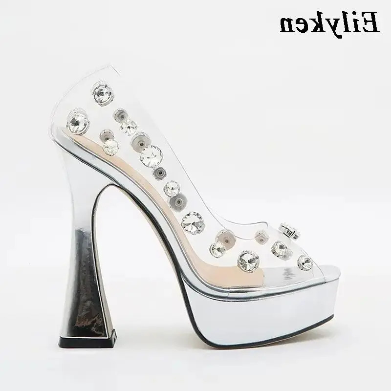 Eilyken n Rivet Crystal PVC Transparent Women Pumps Open Toed High Heels Sandals Sexy Night Club Wedding Platform Shoes 260208