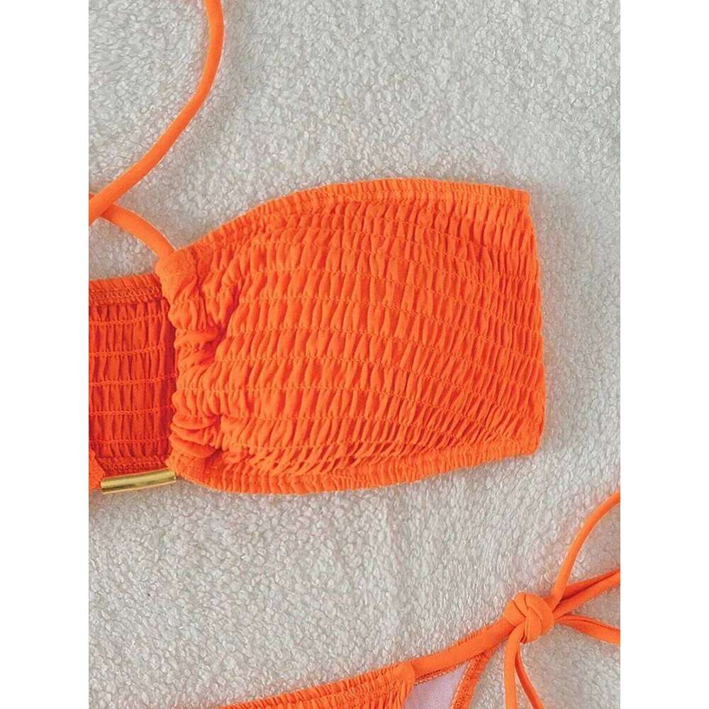 Halter Tie Side Pleated Smocked Women Bandeau Swimsuit Female Swimwear Two Pieces Bikini Set Bathing Suit Swim Beach Wear C260207
