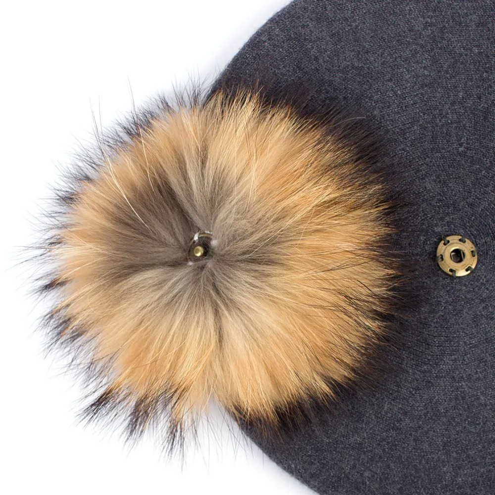 Geebro Women Berets Hat Winter Casual Knitted Wool Berets With Natural Raccoon Fur Pompon Ladies Solid Color Beret Hats GS110 260205