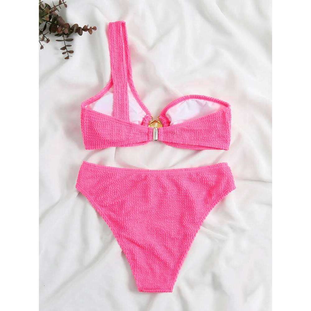 Sexy One Shoulder Shell Bikini High Waist Swimwear 2023 Textured Swimsuit Women Bathing Suits Metal Ring Two-piece Bikinis Set C260207