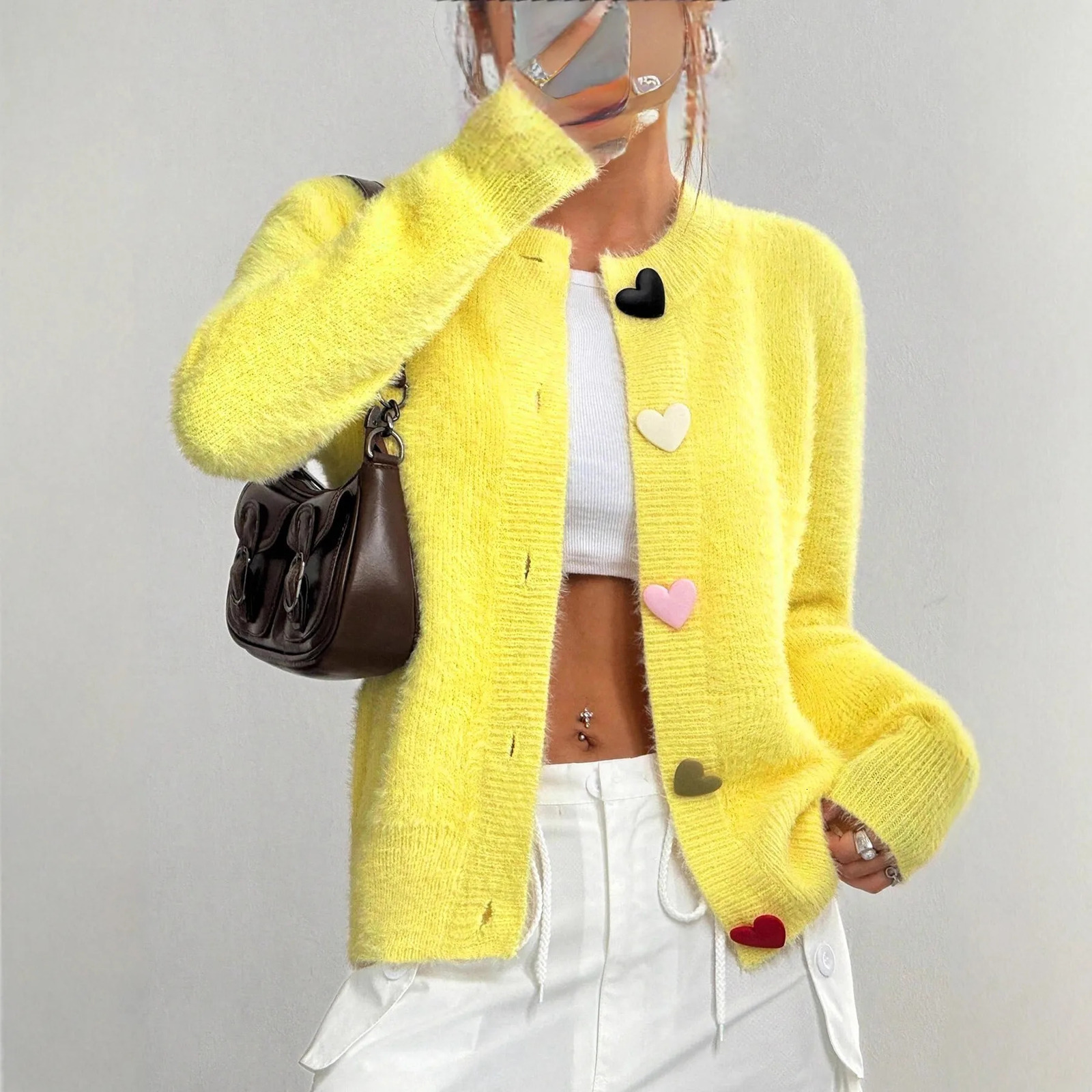 Autumn Winter Fashion Yellow Cardigan Women Heart Button Long Sleeve Knit Sweater Outerwears 260122