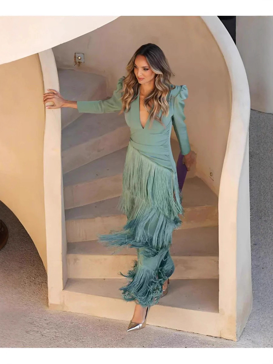 French Elegant Deep V Neck Slim Prom Dresses 2026 Spring Solid Spliced Tassel Long Dress Woman Long Sleeve New Autumn Maxi Dress R260208