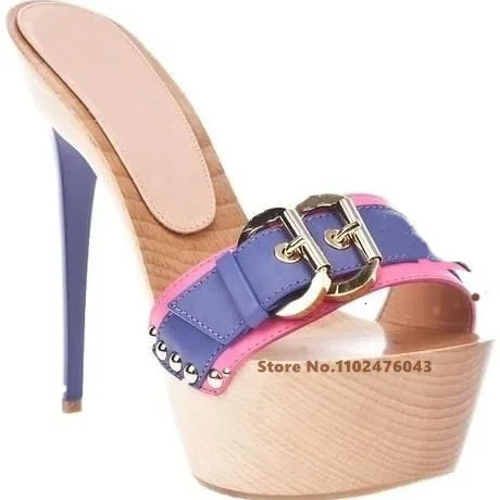 Platform Stiletto Heel Slipper n Peep Toe Belt Buckle Metal Decorative Sandal Summer Sexy High Shoes 260208