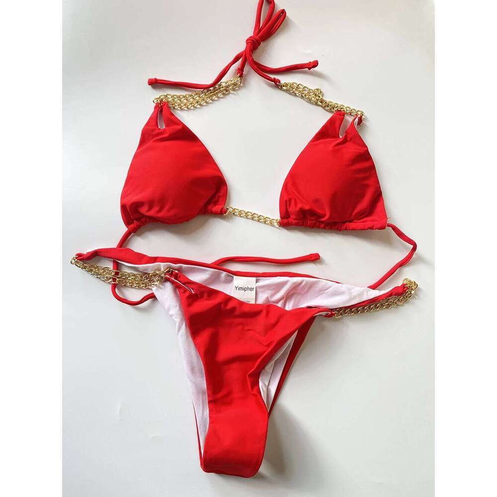 Sexy Mini Bikini Tie Dye Swimwear Women Metal Chain Patchwork Bathing suit Triangle Bikinis 2023 New Swimsuit Brazilian biquinis C260207