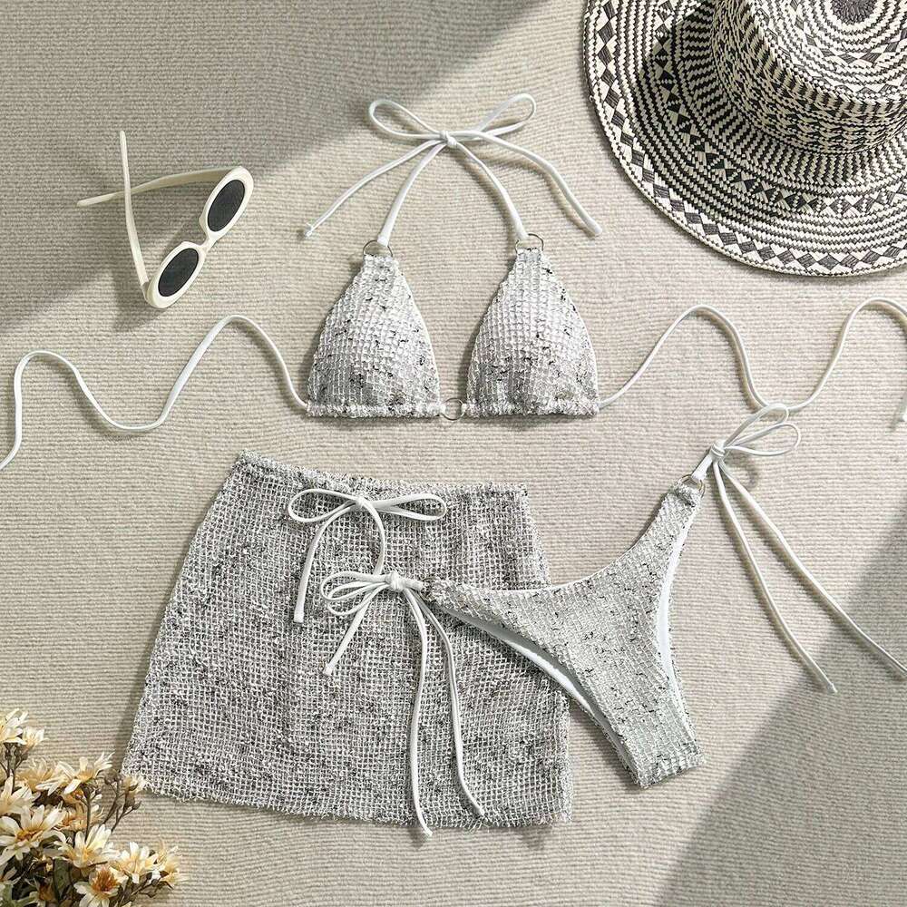 With Mesh Sarong Skirt Halter Women Swimwear Female Swimsuit Three-pieces Bikini Set Fishnet Bathing Suit Swim Beachwear C260207