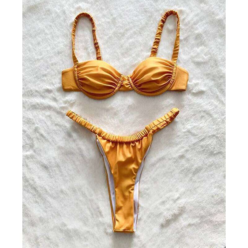 Trendy Pleated Micro Swimsuit Women Sexy Suspender G-string Split Bikini Set Summer 2025 New Spice Girl Beachwear 2 Piece C260207