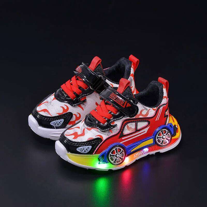 Spring Kids Shoes New Fashion Versatile Casual Anti Slip Cartoon Car Boy Shoe LED Lights Simple Trendy Sneakers H260207