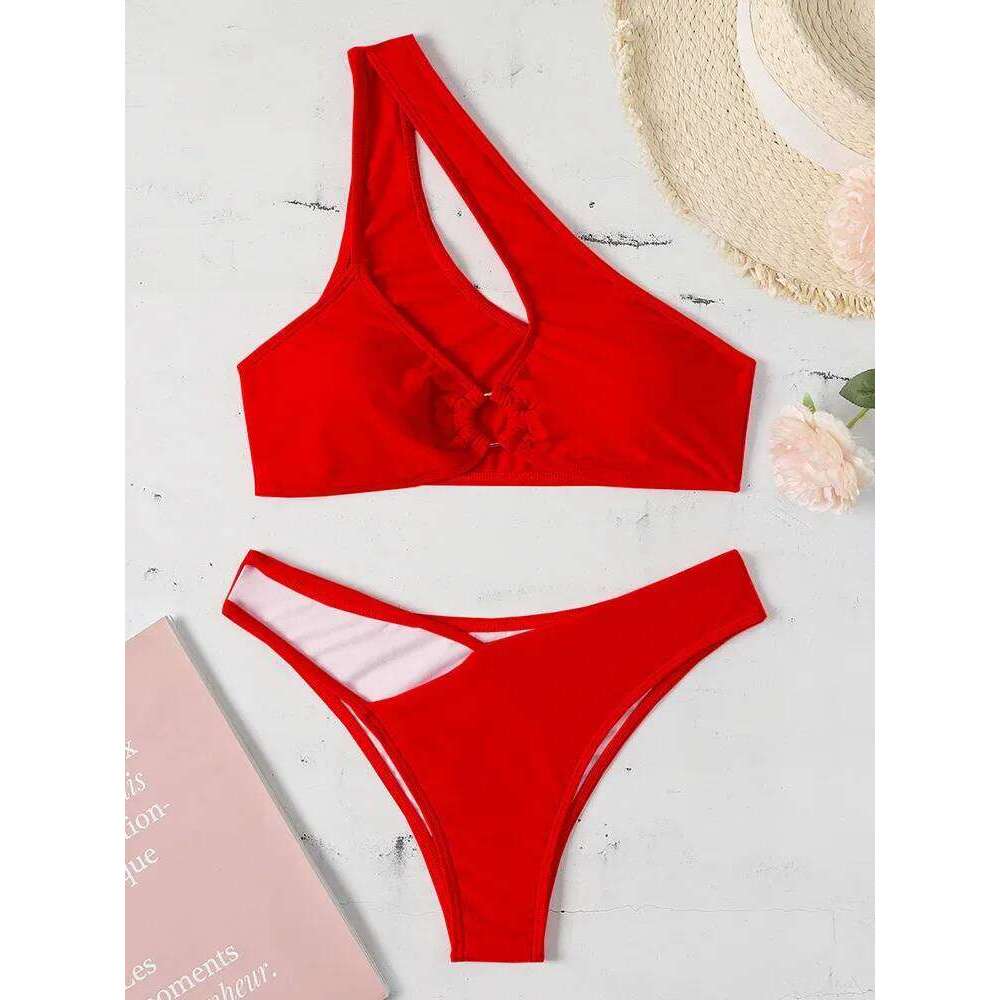 Sexy Asymmetric One Shoulder Women Swimsuit Female Swimwear Two-pieces Bikini Set High Cut Out Bather Bathing Suit Swim C260207