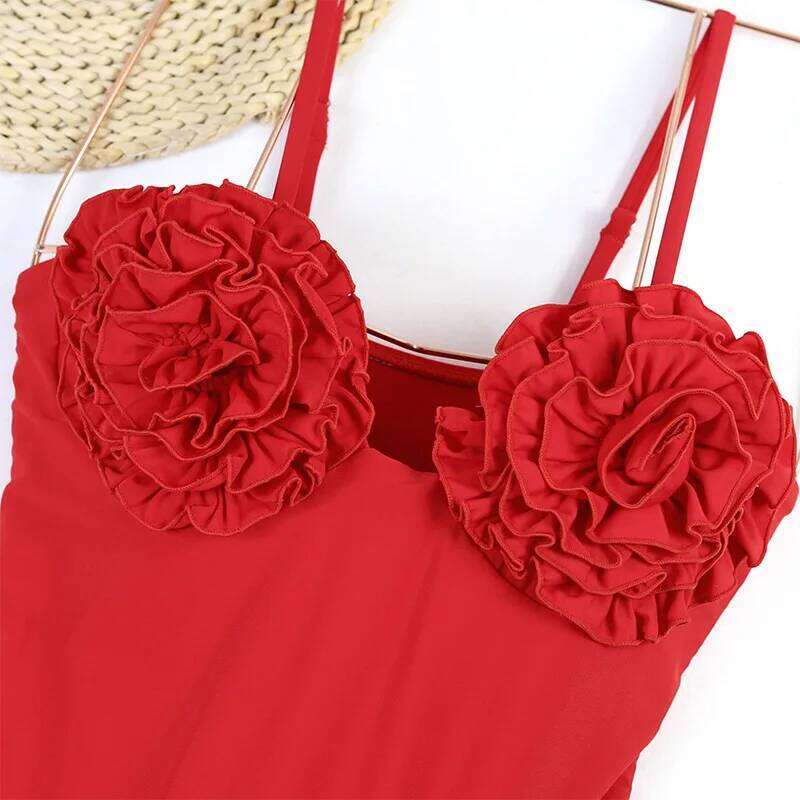 CPUTAN 2024 New Sexy 3D Flower Bikini Set Red Brazilian Biquini Women Swimwear Skirt Bathing Suit Girls Summer Beachwear Dress C260207