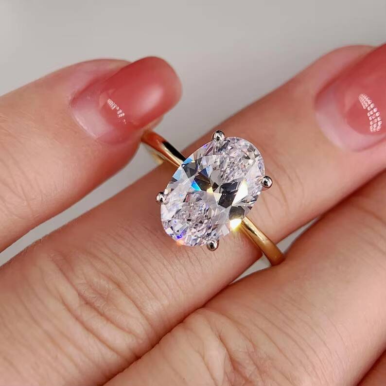 25CT 35CT Oval Cut Simulated Moissanite Solitaire Engagement Ring Two Tone 925 Sterling Silver 14K Gold Plated Rhodium Plated