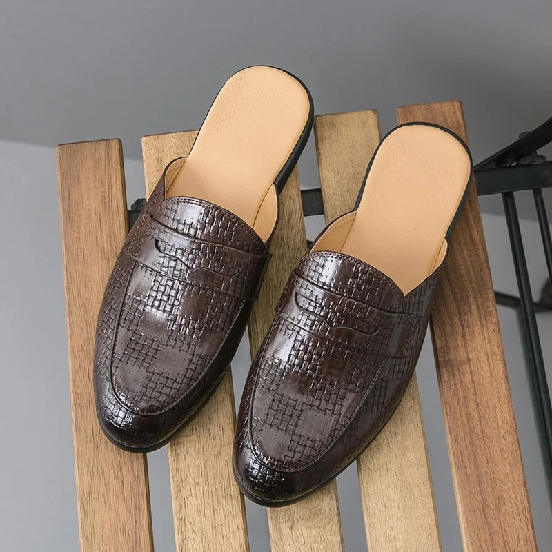 Britain Mens Loafers Business Half Shoes for Male Patent leather Mules Non-slip Outdoor Summer Moccasins 260124