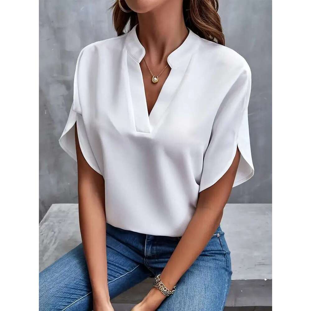 European and American Foreign Trade Women s Summer Casual Short Sleeve Solid Color V Neck Loose Shirt Top luanyun
