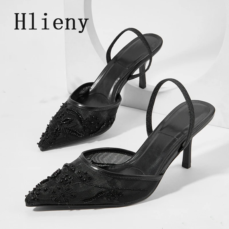 Hlieny White Women Wedding Pumps Mesh Embroidered Flowers Back Strap Sexy Slingback High Heels Dress Shoes Ladies 260208