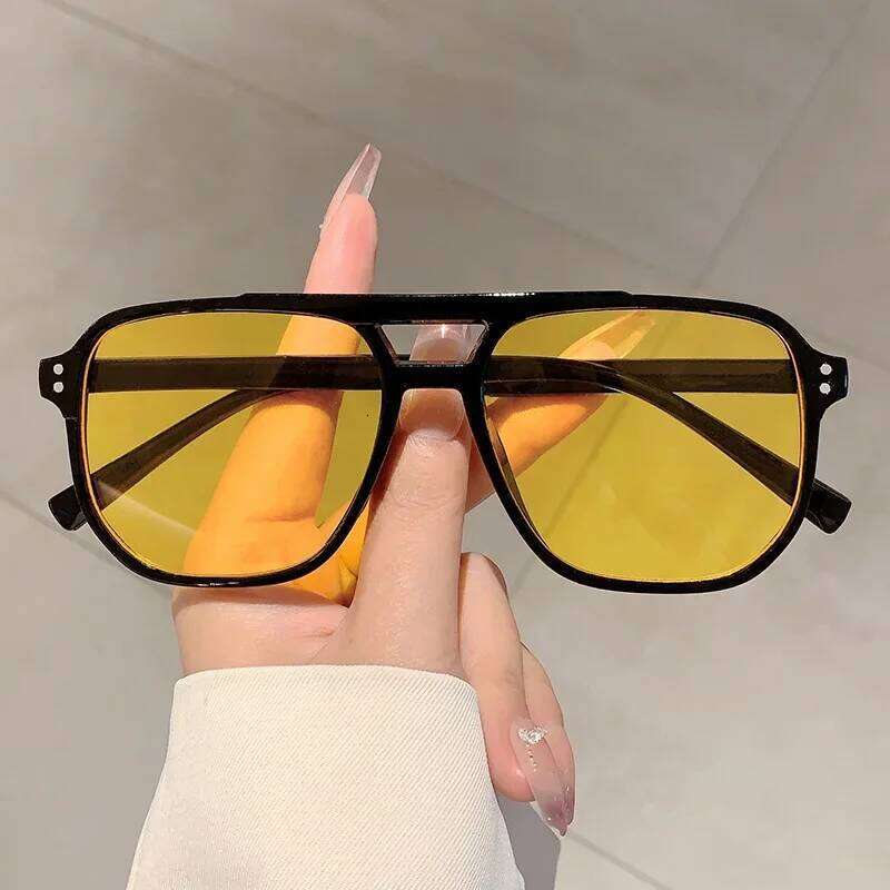 Vintage Double Bridges Men Square Sunglasses Fashion Clear Ocean Lens Eyewear Women Trending Rivets Sun UV400 Glasses Y260207
