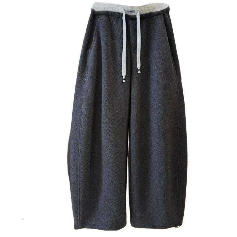 Patchwork Drawstring High Waist Wide Leg Pants for Women Spring and Autumn Curved Hem Trousers