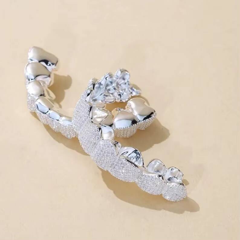 Hip hop jewellery moissanite iced out full teeth grillz silver finish custom luxury unisex street style bold shine