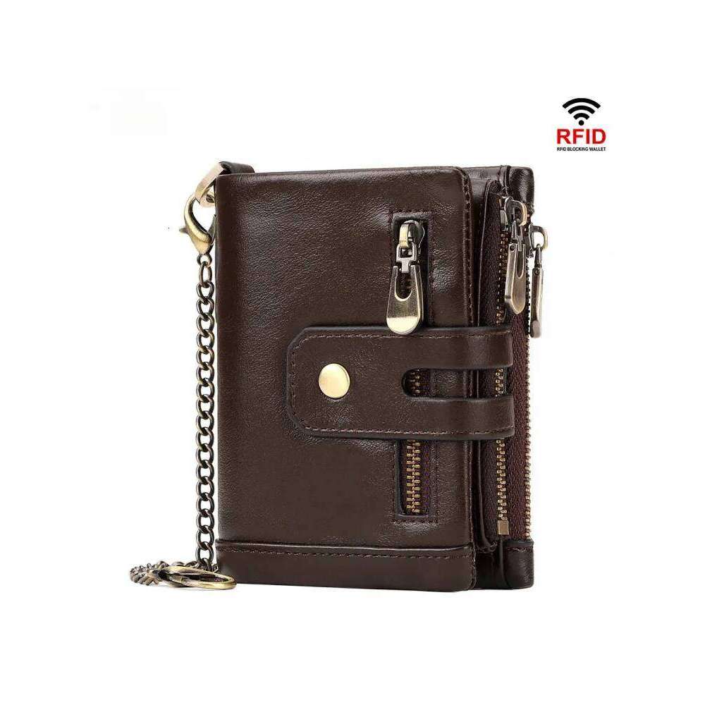Western RFID Blocking Cowhide Leather Three Floded Chain Men Belt Large Capacity Card Slots Coin Purse for Mens Y260206