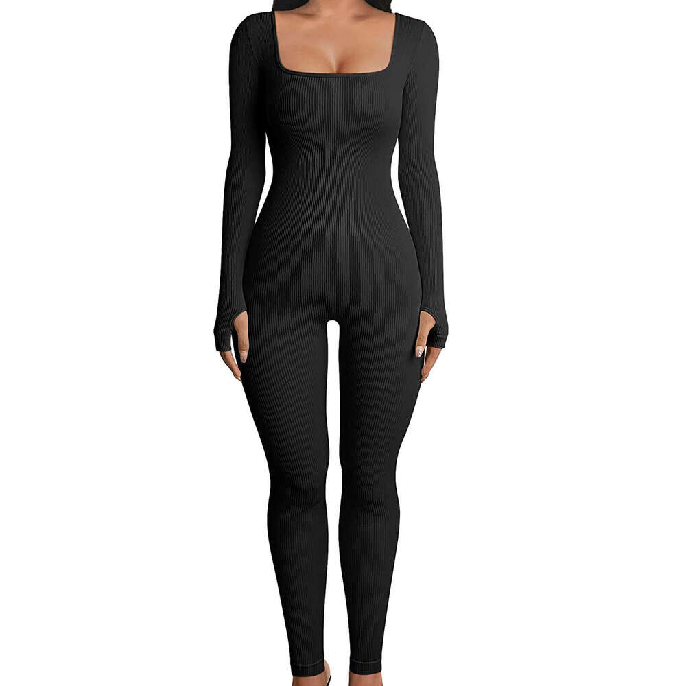 European American foreign trade women s jumpsuit spring and autumn ribbed square neck hip lifting slim fit sexy luanyun