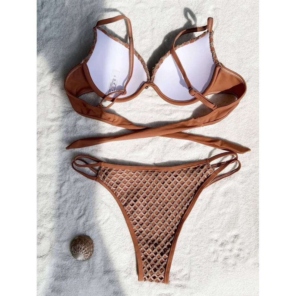 sexy coffee lattice push up bikinis sets two pieces 2024 women tie backless high waist swimsuits bathing suits biquini tankini C260207