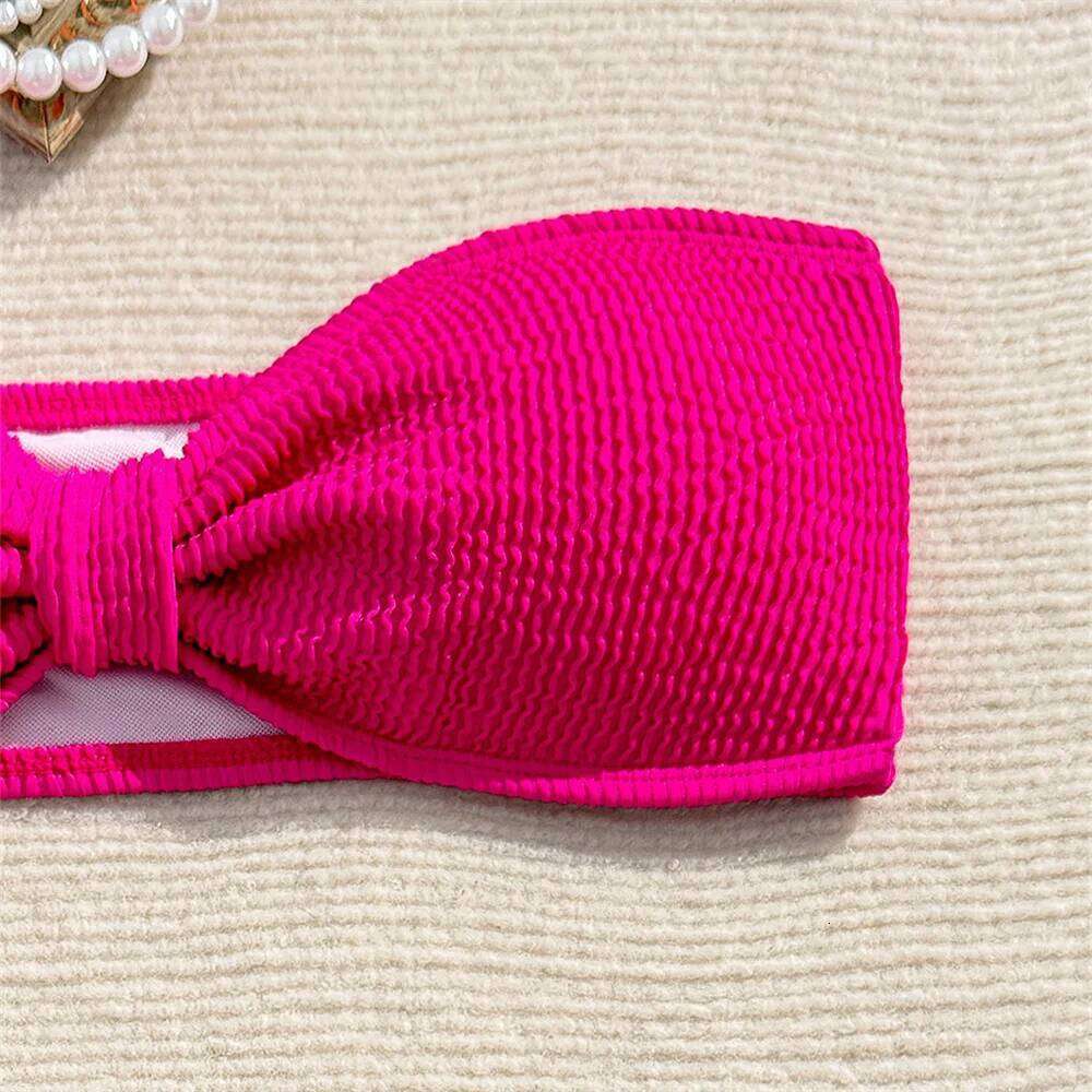Sexy Rose Red Bikini Bandeau Swimsuit Y2K Rib Vacation Swimwear Backless Strapless Bikinis Thong Women Beach Outfit Bathing Suit C260207