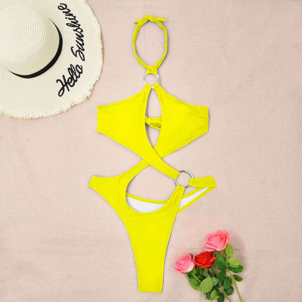 sexy cross ring halter bandage hollow one piece bikinis 2024 women thong swimsuit female bathing suit swimwear biquini C260207