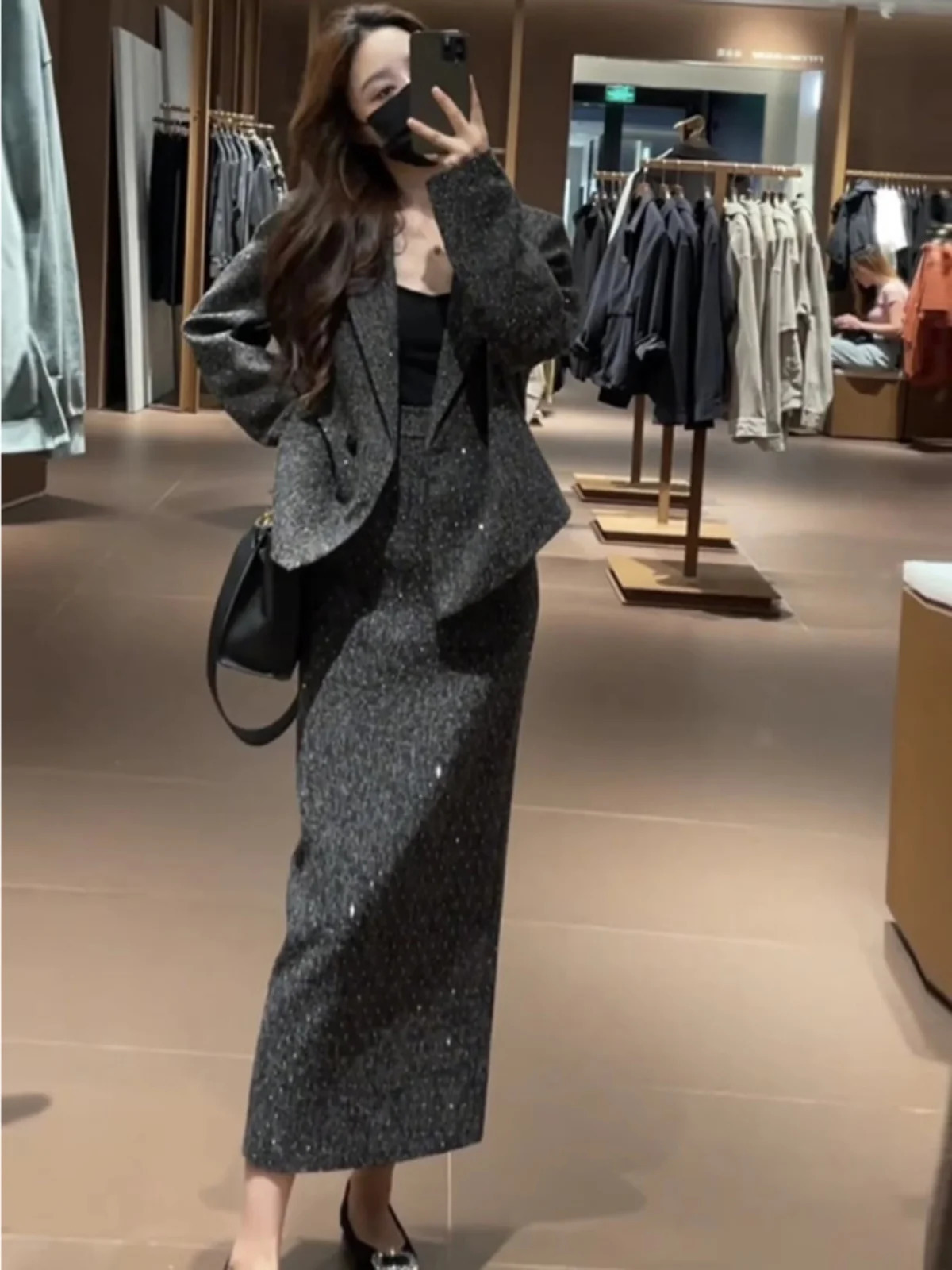 Faionable Diamond Embedded Womens Suit And Skirt Set Autumn Winter Two-Piece Ensemble Sle Long Sve Turn-down C 260122