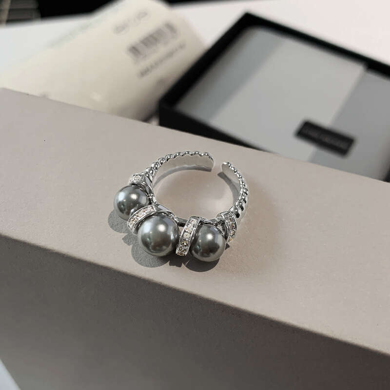 New French-style genuine gray pearl for women, Australian white, light luxury niche design, adjustable open ring