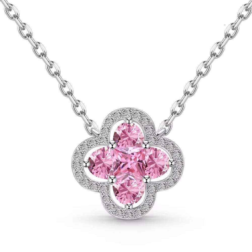 Wholesale 925 Silver Micro Inlay Zircon Pink Yellow CZ Stone Lucky Four Leaf Clover Necklace Ring Earrings Jewelry Set For Women