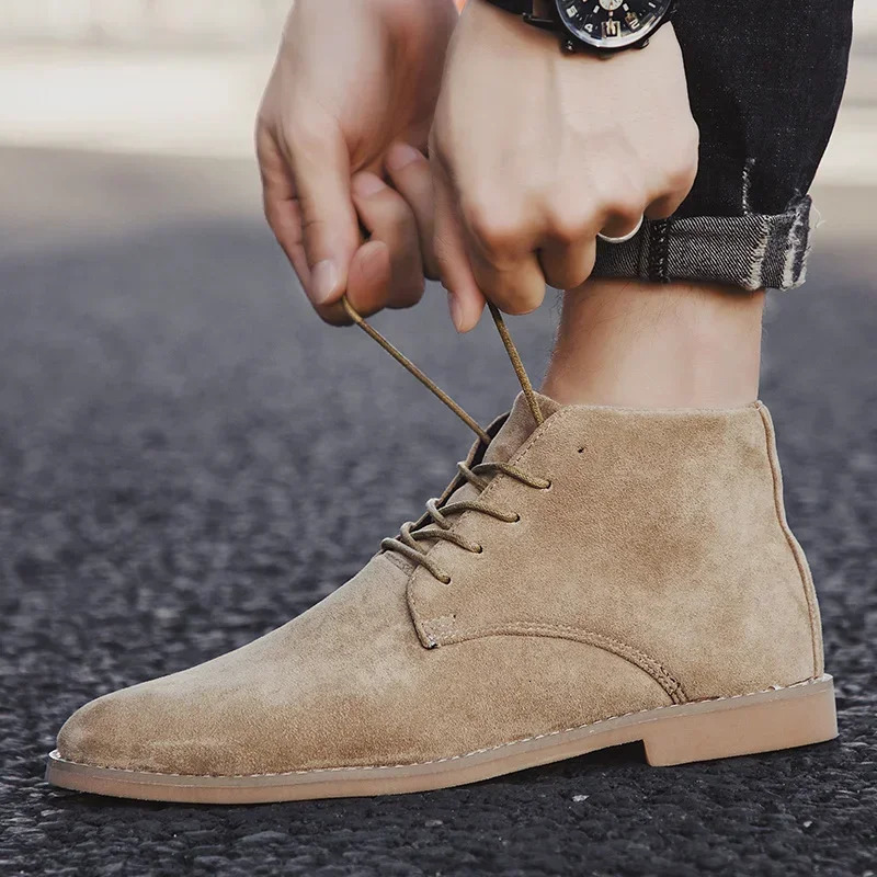 Brown Chelsea Boots Men British Style High Top Suede Leather Shoes for Laceup Pointed Toe n Mens Ankle Zapatos 260208