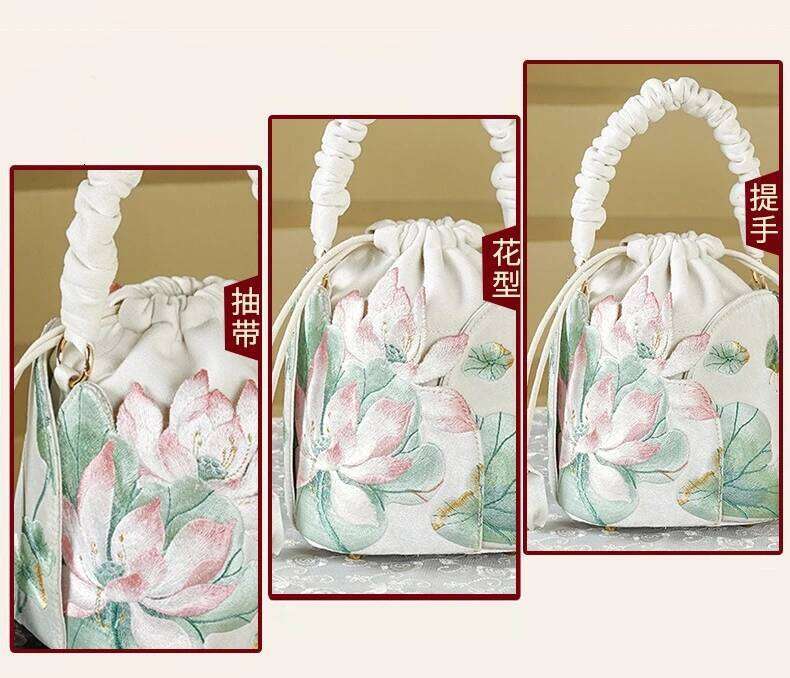Female Vintage Chinese Style Traditional Lotus Embroidery Side Fashion Retro Chic Stylish Cute Medium Size Crossbody Bag