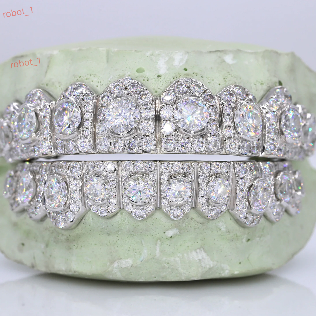 Custom S925 Silver 10K 14K 18K Solid Gold 5mm Center Moissanite Diamond Grillz Jumbo Perm Cut Teeth Grillz for Men Women