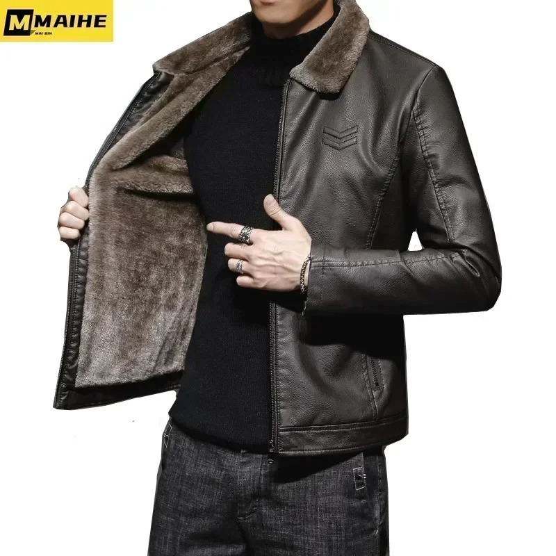 Vintage Brown Leather Jacket Mens Winter Faux Fur Collar Windproof Warm Coat Male y Clothing chaqueta cuero hombre 260205