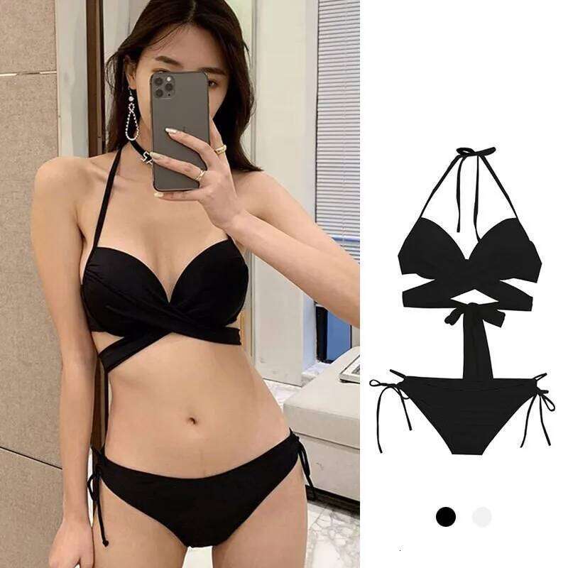 sexy Korean fashion bandage halter cross sets two pieces solid black and white swimsuit bikinis padded swimwear C260207