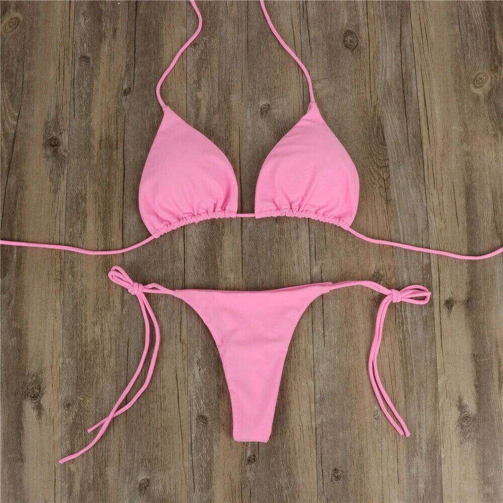 New Women Sexy Hanging Neck Thong Bikini Side Tie Bandage Style Split Strap Solid Adjustable Ladies Swimsuit Set C260207