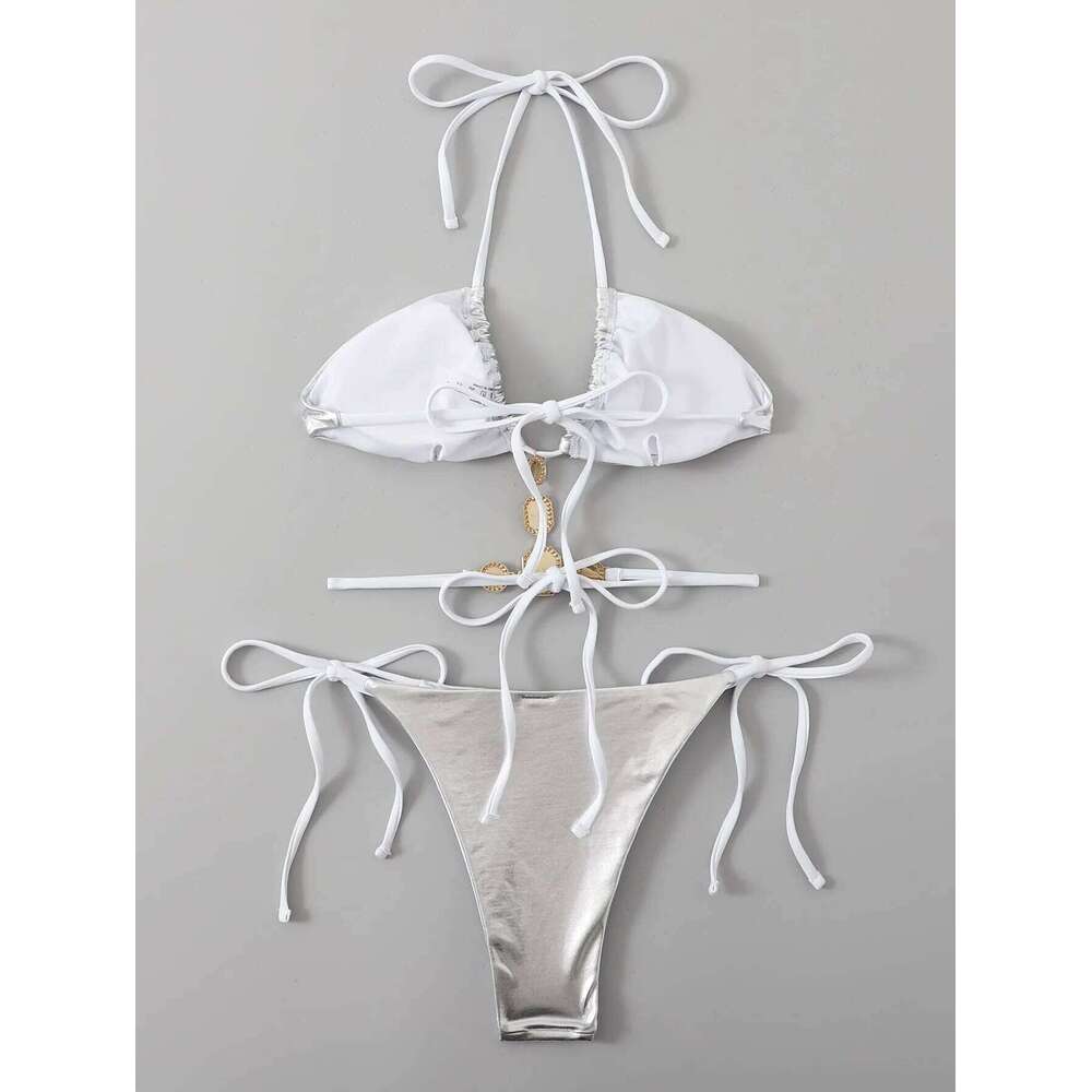sexy metallic silver halter tie bikinis sets two pieces women thong bandage swimsuit female bathing suit swimwear biquini C260207