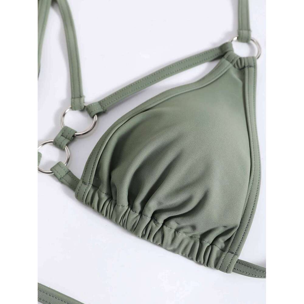 sexy army green push up ring bikinis sets two pieces high waist padded bathing suit beach wear women thong bikini swimsuits C260207