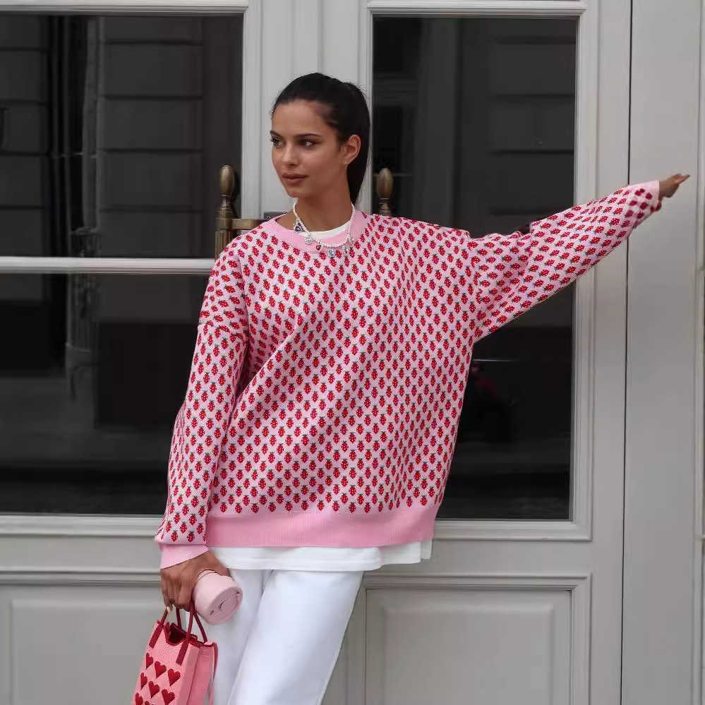 Pink Crew Neck Sweater for Women Autumn/Winter Knitwear Berry Jacquard Pattern Cute Waffle Weave Long Sleeve Knitted Top for Women