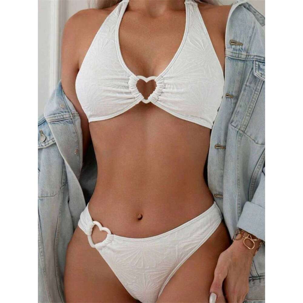 Floral Jacquard Heart Bikini White Y2K Triangle Halter Bandage Push Up Swimsuit Tanga Women Backless Vacation Swimwear Beach Set C260207
